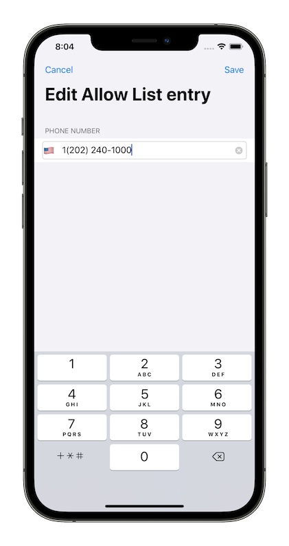 Screenshot of the edit allow list entry screen on an iPhone 12 Pro Max