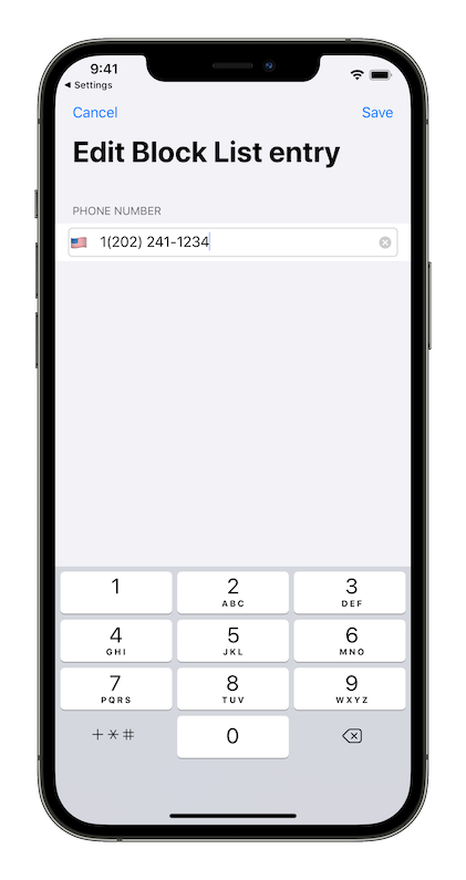 Screenshot of the edit block list entry screen on an iPhone 12 Pro Max